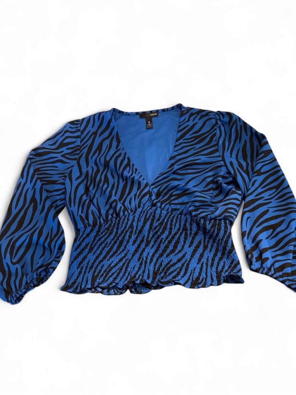 Aqua Blue and Black Zebra Wrap-Style Smocked Waist Blouse